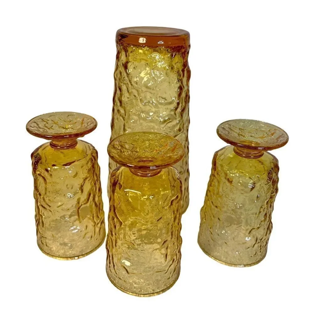 Anchor Hocking Vintage Lido Milan Amber Honey Crinkle Glasses 3 Juice, 1 Tumbler
